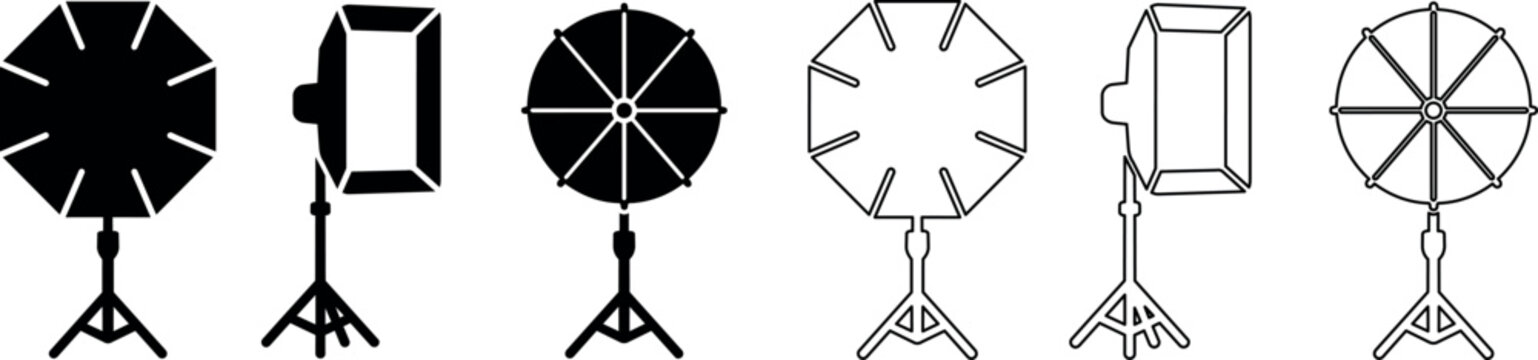 Studio photography softbox lighting equipment front and side view icons