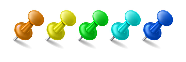 Obraz premium Set of five colorful plastic push pins with metal needles and shadows isolated on a transparent background