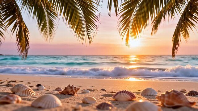 Beach with seashells and palm leaves