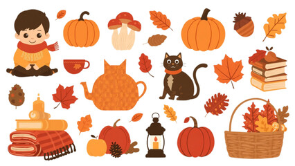 Autumn cozy vector element set with cute boy pumpkin cat mushroom books leaves and basket for thanksgiving design © Sakhawat Hossen 