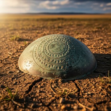Dented Bronze Shield Boss Artifact in Arid Earth Under Sunlight