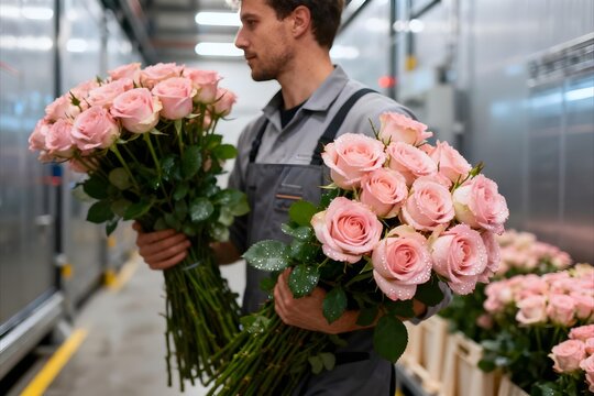 Professional floral warehouse worker carrying large armfuls of freshly harvested blush pink roses