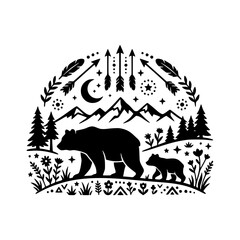 Bear cubs silhouette forest mountain nature illustration © hamiduls11arts