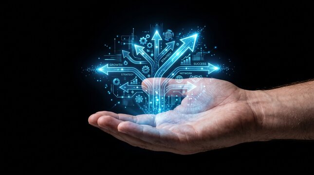 Glowing blue digital hologram of branching arrows over a human hand representing technology, decision making, and future business strategy