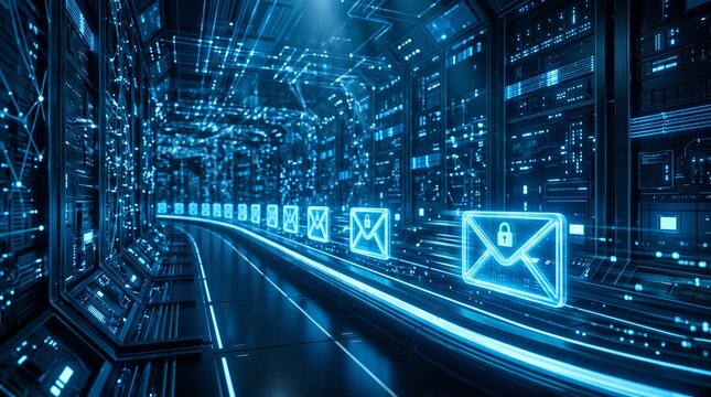 Secure email data transmission in high tech cyber server room corridor illustration