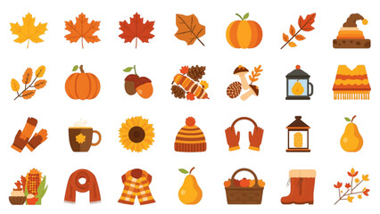 Autumn element vector collection with pumpkin mushroom leaves basket boots scarf mug acorn and cozy seasonal design icons © Sakhawat Hossen 