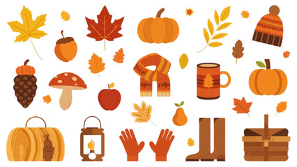 Autumn element vector collection with pumpkin mushroom leaves basket boots scarf mug acorn and cozy seasonal design icons © Sakhawat Hossen 
