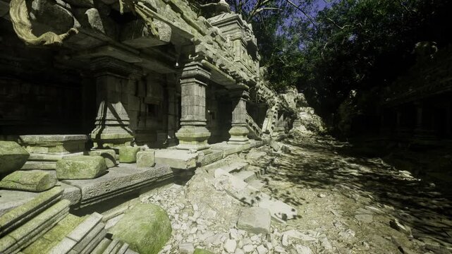 Weathered stone reliefs line winding pathway with sun dappled moss patches, sculpted figures etched into blocks, worn steps lead toward forest edge, layered
