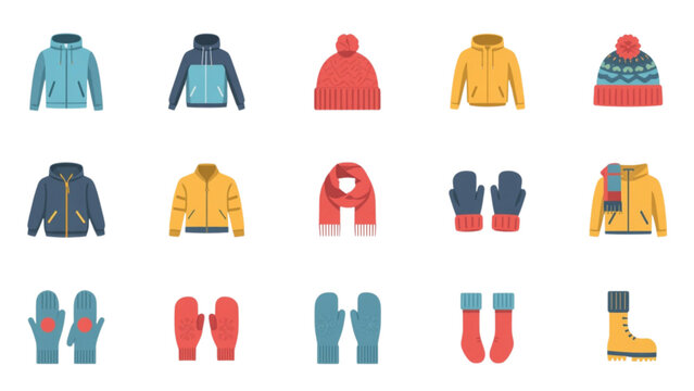 Winter clothing flat icon vector set with warm jackets hoodies hats scarves mittens socks and boots for cold season