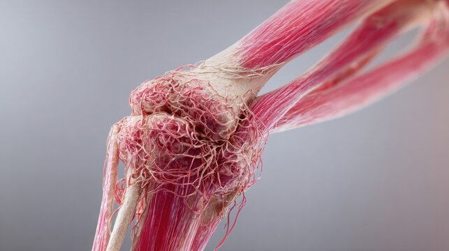 Gout in Joint: Microscopic view of a human elbow joint showing the effects of gout, with urate crystals forming tophi around the inflamed articular cartilage and surrounding soft tissue.