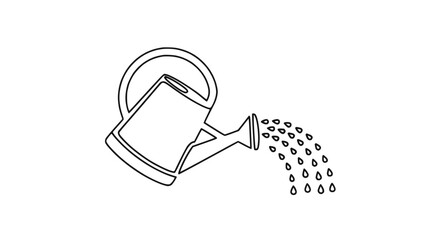 Simple line drawing of a watering can pouring water drops, isolated on white background. © Kopi