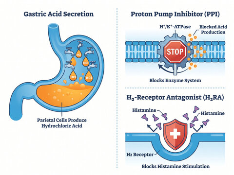 Gastric acid secretion and pharmaceutical blockade diagrams demonstrate how proton pump inhibitors and receptor antagonists function to regulate acid levels within the human digestive system anatomy.