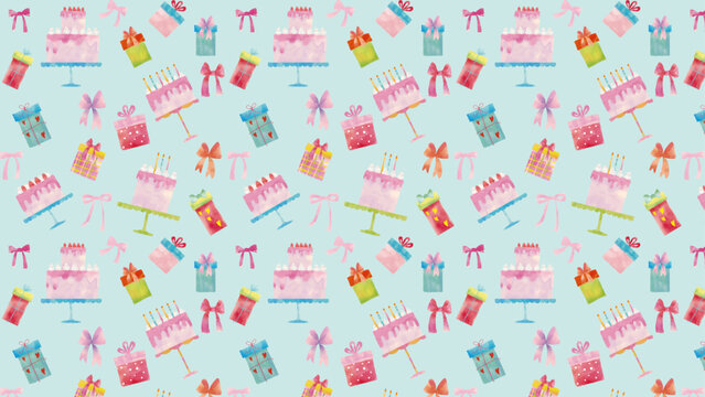 水彩風 かわいいハッピーバースディパターン(ケーキ、リボン、プレゼント) Happy Series:Cute watercolor-style Happy Birthday pattern (cakes, ribbons, and gifts)