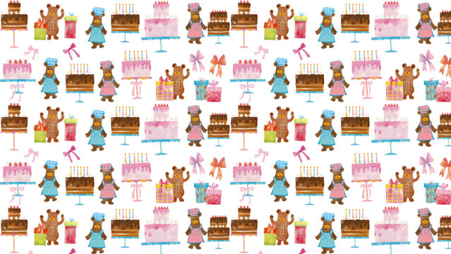 水彩風 熊のケーキ屋さんお誕生日セットパターン Happy Series:Watercolor-style birthday set pattern featuring a bear's cake shop