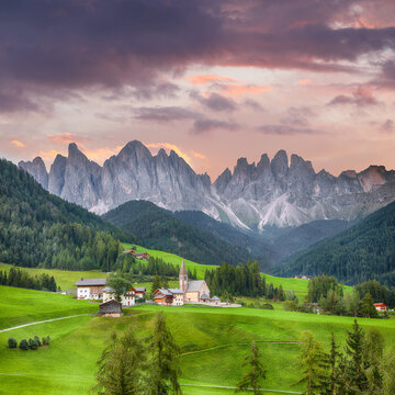 Gorgeous scene of magnificent Santa Maddalena village in Dolomites.