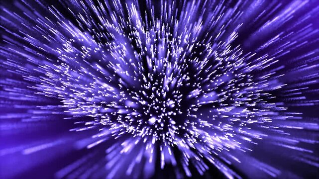 Abstract purple particle explosion with glowing light streaks and radiant energy burst, creating a futuristic sci-fi background for motion graphics.