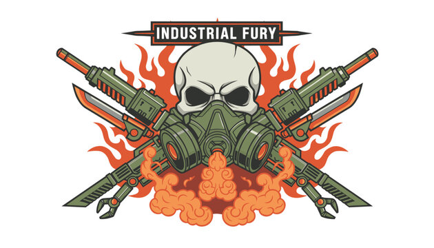 Industrial fury logo with a human skull wearing gas mask and crossed machine gun blades on fiery background.