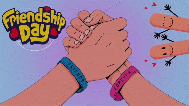 Friendship day animation concept with two hands holding each other wearing friendship bracelets and cute finger characters on paper texture background.