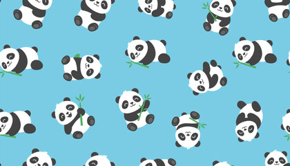 Obraz premium Seamless background pattern featuring cute cartoon pandas in various poses holding bamboo on a bright blue backdrop.