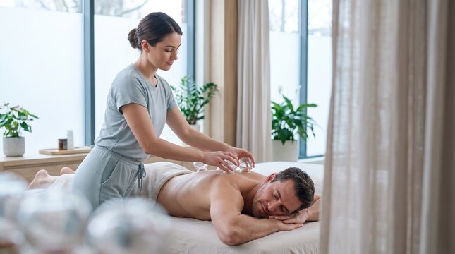 Therapist performing cupping therapy on man back for relaxation and pain relief in tranquil spa treatment room