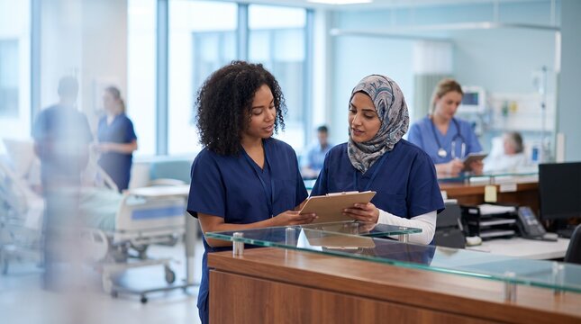 Two diverse female nurses in blue scrubs review patient records on clipboard at hospital reception desk during busy shift