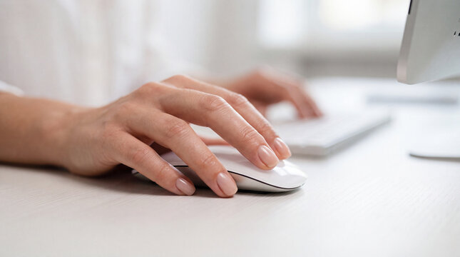 A computer mouse in the user's hand. Computer work, left-click, click, scroll, Internet search