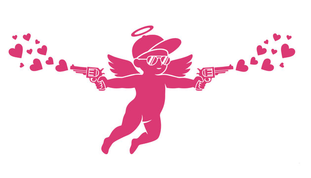 Pink silhouette of cupid wearing sunglasses and baseball cap shooting two handguns firing hearts on white background.