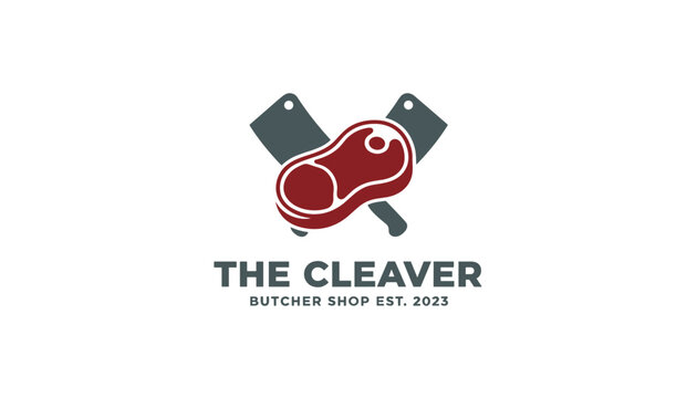 Butcher shop logo design featuring a red raw steak meat placed on top of two crossed cleaver knives on white background.