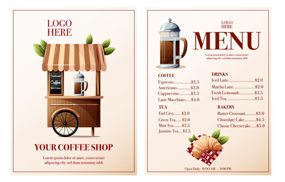 Vertical coffee shop menu template with price list, classic style design for cafes and restaurants with illustration of sweet pastries and hot drinks and a street vending cart