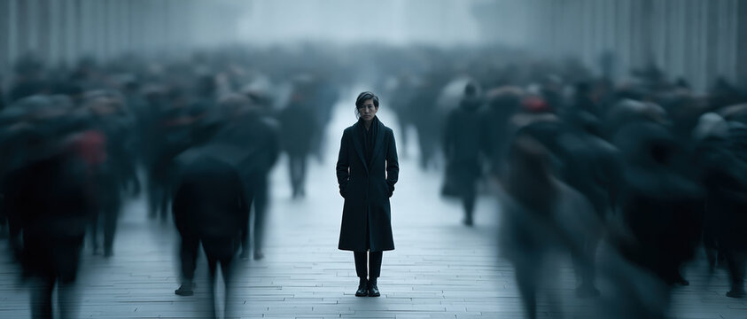 One calm individual stands motionless amid a blurred, rushing crowd on a misty urban street. Powerful metaphor for isolation, mental health, burnout, and individuality in modern city life.