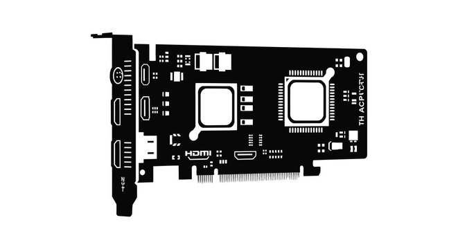Computer graphics card with ports and components black silhouette hardware chip