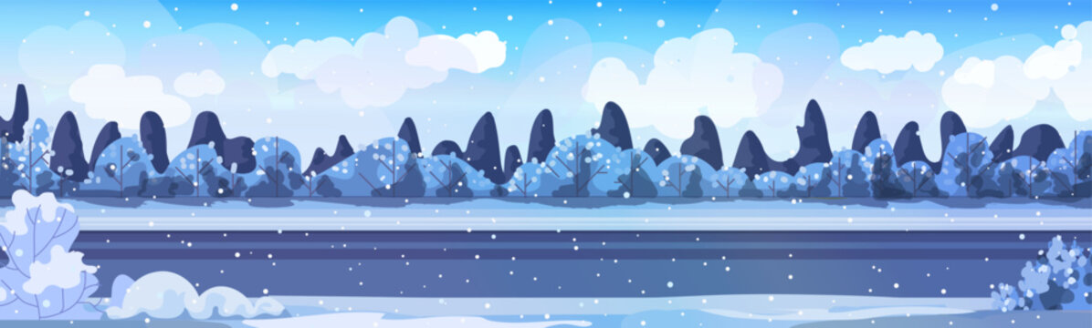  Snowy forest landscape with winter road, trees, and bushes. Snowy rural landscape. Highway in winter. Illustration perfect for festive design and holiday backgrounds. Vector not AI generated.