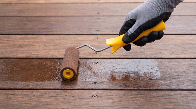 Gloved hand staining outdoor wood deck boards with paint roller for renovation and painting project