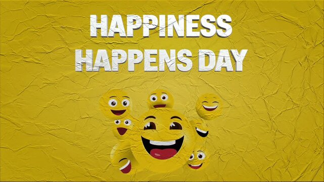 Happiness happens day animation concept with group of happy yellow emoji faces on crumpled paper texture background.