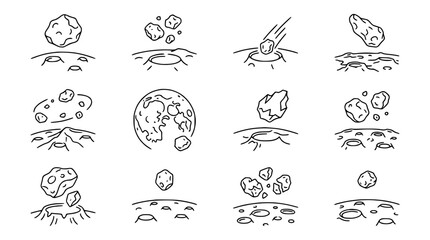 Asteroid Impact Icons: Meteorites on Moon Surface, Space Rocks, Celestial Body Collision © Kejar