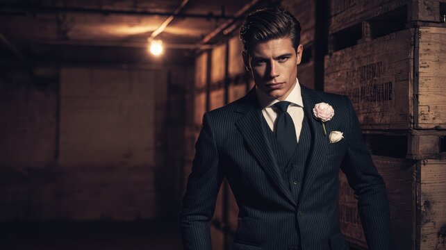 stylish man in formal suit with flower