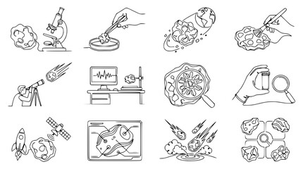 Space Exploration and Asteroid Research Icons: Astronomy, Science, Discovery, Technology © Kejar