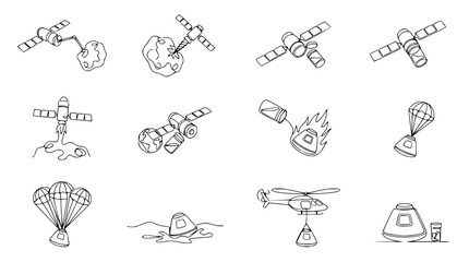 Fototapeta premium Space Exploration Icons: Satellites, Rockets, Asteroids, Parachutes, Helicopters, Capsules