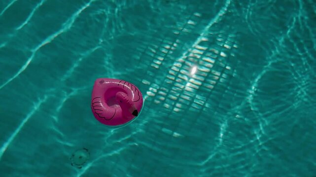 Small pink inflatable flamingo floating in a blue swimming pool