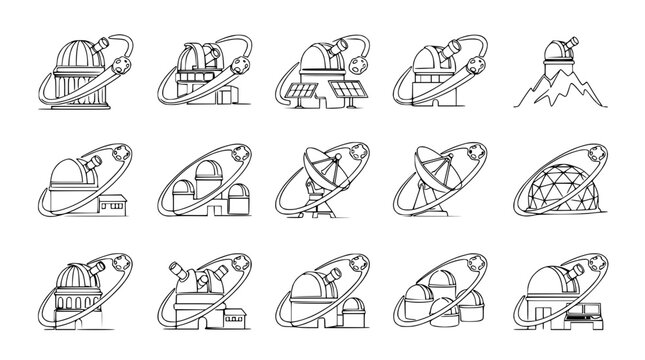Observatory Icons Set: Astronomy, Science, Space Exploration, Research Buildings