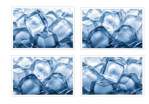 Four squares of blue ice cubes on a white background