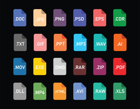 Grid of twenty-four colorful file type icons with file extensions on a Grainy black background format document