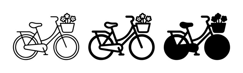 Retro Bicycle Icons, Vintage Bike Illustrations with Flower Baskets, Classic Cycles Vector Set for Lifestyle and Transport Themes © Rahim