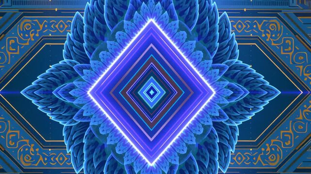 Close-up of elegant geometric design blending aesthetic Asian tribal patterns with glowing neon light, creating a futuristic abstract background with luxury visual appeal.
