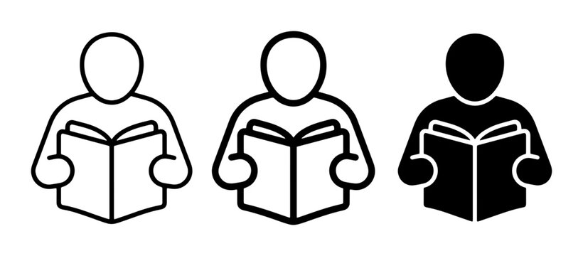 Reading Icons Set, Person Studying, Book Symbol, Education Graphic, Knowledge Concept, Learning Illustration, Simple Silhouette, Black and White