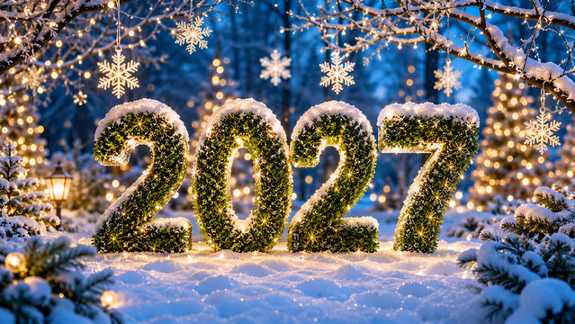 New Year 2027 Snowy Scene With Lights And Snowflakes Decoration