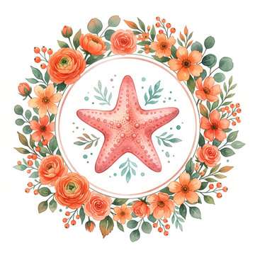 Watercolor Pink Starfish Floral Wreath with Circular Frame