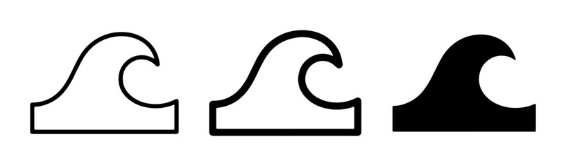 Ocean Wave Icons, Sea Swell Symbols, Water Crest Graphics. Set of 3 stylized wave designs in outline and solid black, perfect for marine themes, surfing, or coastal branding. © Farzana