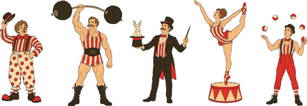 Vintage circus character collection featuring a cheerful clown, strongman, magician with a rabbit, acrobat, juggler for posters, children's party invitations, stickers, nursery decor, tickets, banners