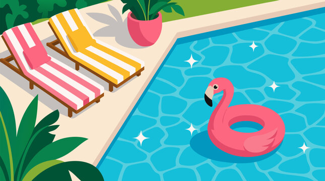 Vivid summer vector scene of colorful poolside lounge chairs pink flamingo float sparkling blue water reflections tropical plants and relaxing vacation vibes perfect for travel leisure advertising